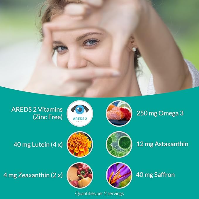 UpNourish AREDS 2 Plus Eye Vitamin Supplement, AREDS 2 Zinc Free Formula with Lutein, Zeaxanthin, Saffron, Astaxanthin & DHA - 120 softgels