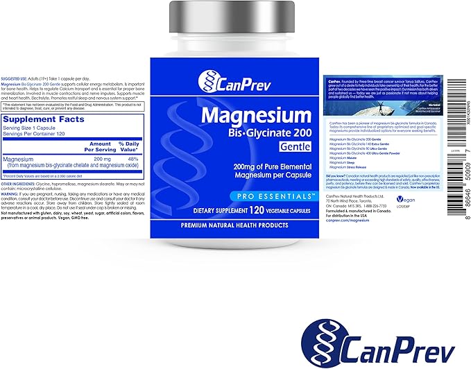 CanPrev Magnesium Bis-Glycinate Gentle 200mg, 120 V-Caps 120-Day Supply - Pure Elemental Magnesium Supplement, Supports Bone and Muscle Function, Gentle on Stomach, Perfect for Daily Magnesium Needs