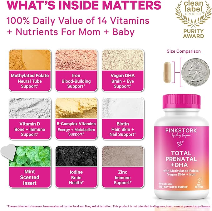Pink Stork Total Prenatal Vitamins for Women | DHA, Folate, Iron, Choline, & Vitamin B12 | Preconception Nutrition | Prenatals for Women, Pregnancy Essentials | Doctor Formulated, 60 Count, Mint