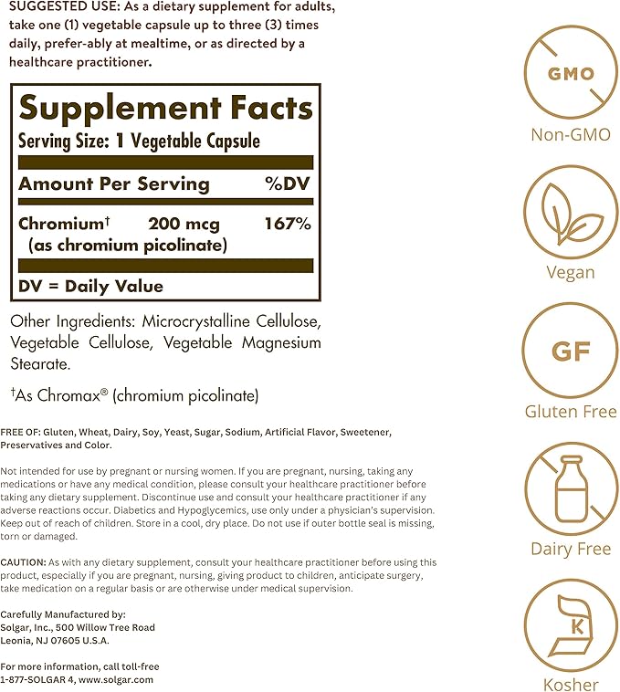 Solgar Chromium Picolinate 200 mcg, 180 Vegetable Capsules - Supports Healthy Blood Sugar Metabolism - Non-GMO, Vegan, Gluten Free, Dairy Free, Kosher - 180 Servings