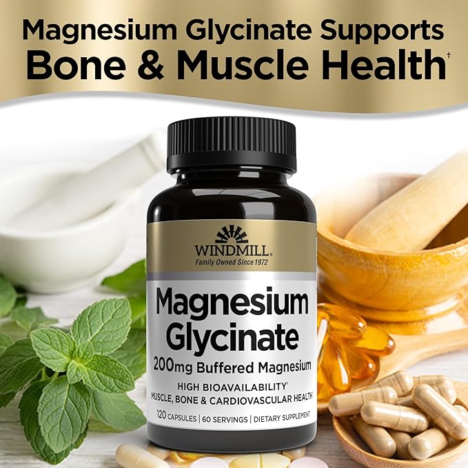 Windmill Natural Vitamins Magnesium Glycinate 200 mg, Supports Muscle, Joint, and Heart Health, Energy and Bone Support, Veggie Capsules, Gluten Free, Vegan, Non-GMO, 120 Capsules