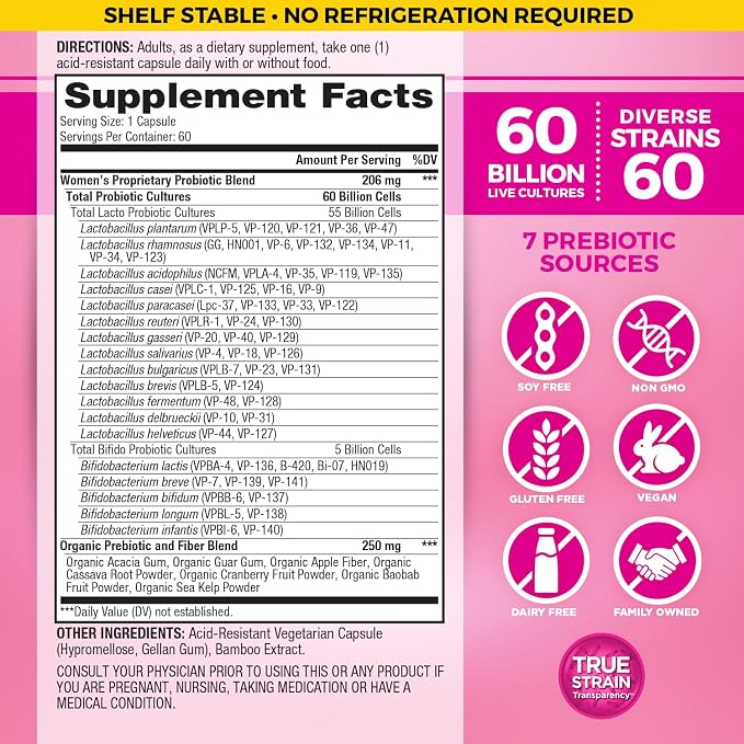 Vital Planet - Vital Flora Women’s Daily Probiotic 60 Billion CFU, 60 Diverse Strains, 7 Organic Prebiotics, Vaginal and Immune Support, Bloating, Digestive Health Probiotics for Women 30 Capsules