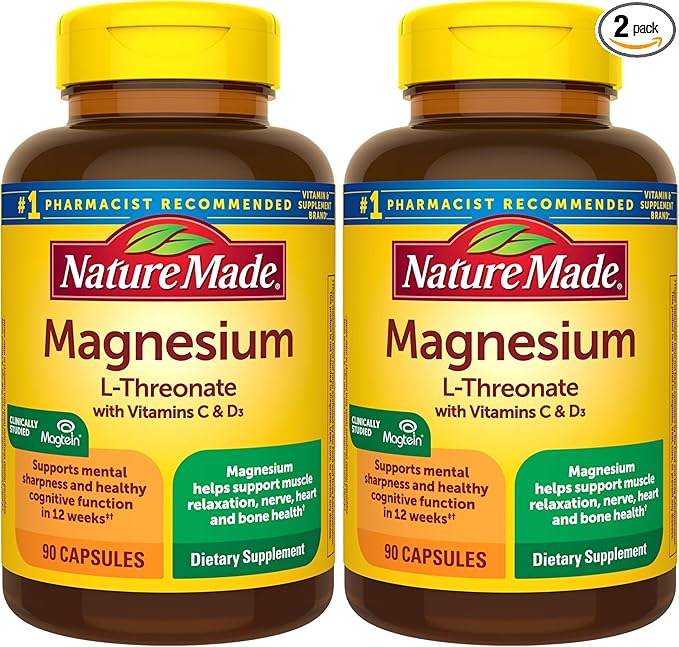 Nature Made Magnesium L-Threonate with Vitamin C & Vitamin D3, Provides 130 mg of Mag from 1800 mg Magnesium L Threonate, Cognitive Support Magnesium-Supplement, 90 Capsules, 30 Day Supply,(Pack of 2)