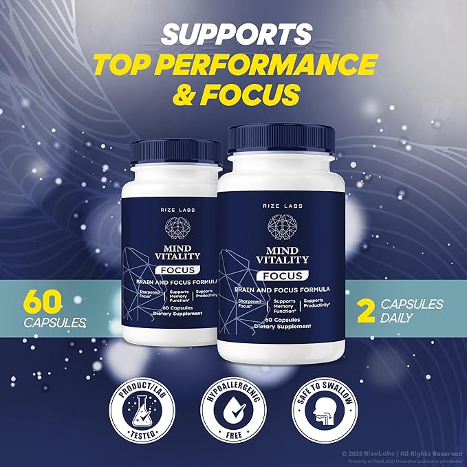 rize labs Mind Vitality Focus Brain Supplement, Official Mind Vitality to Boost Focus and Concentration & Avoid Mid-Afternoon Fatigue, Mind Vitality Advanced Formula (120 Capsules) (Pack of 2)