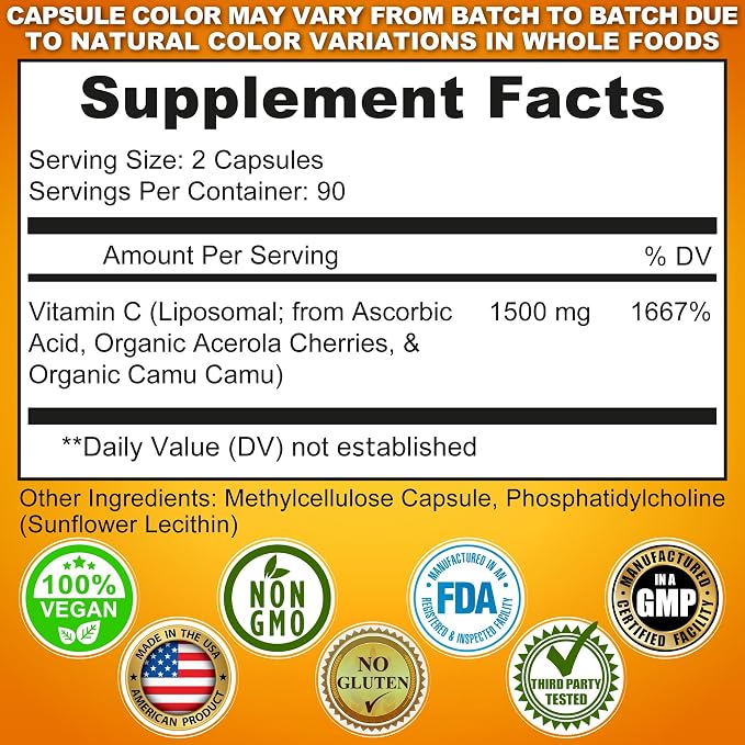 Liposomal Vitamin C Capsules - 1500mg - Made with Organic Acerola Cherries & Camu Camu, High Potency Vitamin C Liposomal - Immune Support Supplement, Enhanced Absorption & Bioavailability - 180 Count