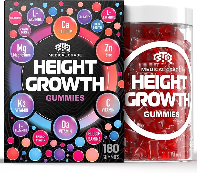 BIOTEQUELAB Height Growth Increase Gummies Vitamins, Grow Tall Supplement, Calcium, Magnesium, Zinc, Ashwagandha, Glucosamine Multivitamin for Teens, Kids, 180 Gummies