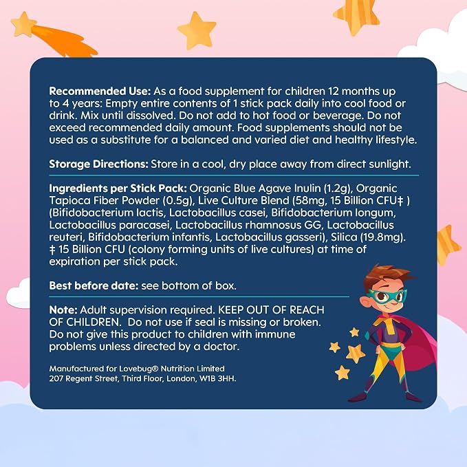 LOVEBUG Kids Probiotic Powder with Prebiotic Fiber - Toddler Immunity Support & Constipation Relief - USDA Organic Probiotics for Childrens Gut & Digestive Health (Ages 1-4) - 30 Pack (Unflavoured)