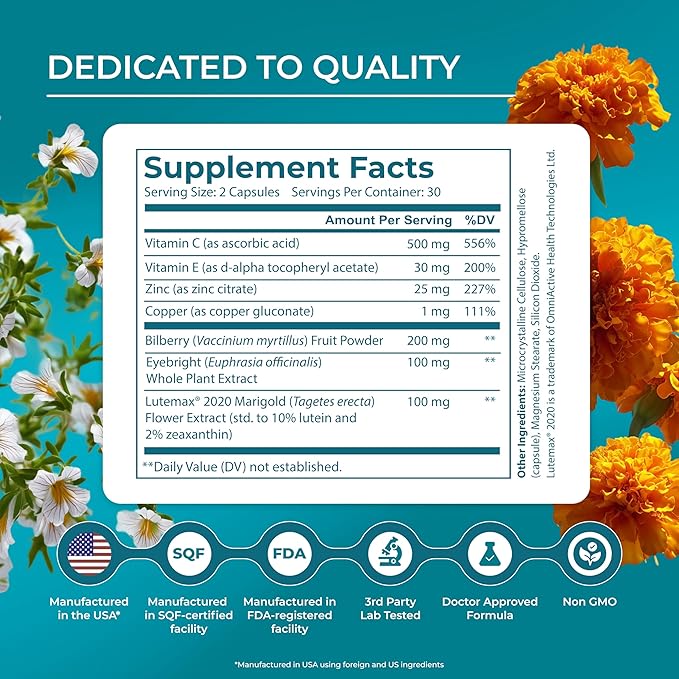 PUREHEALTH RESEARCH Complete Vision Formula - Eye Vitamins & Mineral Supplement - Lutein and Zeaxanthin Supplements for Men & Women - with Eyebright Herb, Zinc, Copper, Bilberry & More - 60 Capsules