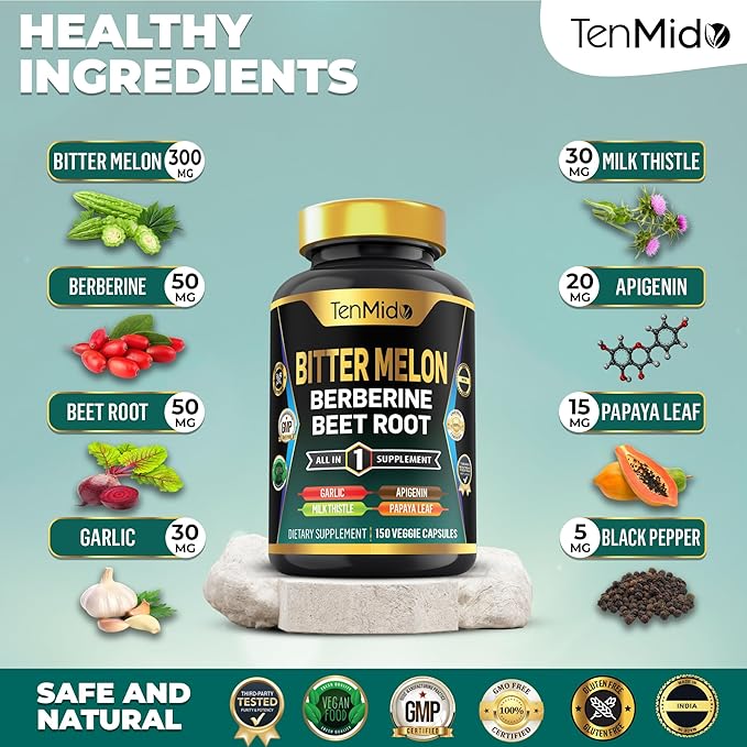 Bitter Melon Capsules - 8in1 Formula - Combine with Berberine, Beet Root, Garlic, Milk Thistle, Apigenin, Papaya Leaf, and Black Pepper - 150 Vegan Capsules for 5 Months Supply