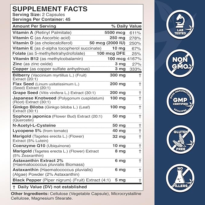 Gade Nutrition Lutein and Zeaxanthin Supplements | Astaxanthin Eye Vitamins with Omega 3, Resveratrol, Bilberry, Lycopene, Quercetin, Ginkgo Biloba, Vitamin D and More Eye Care Vitamins and Minerals
