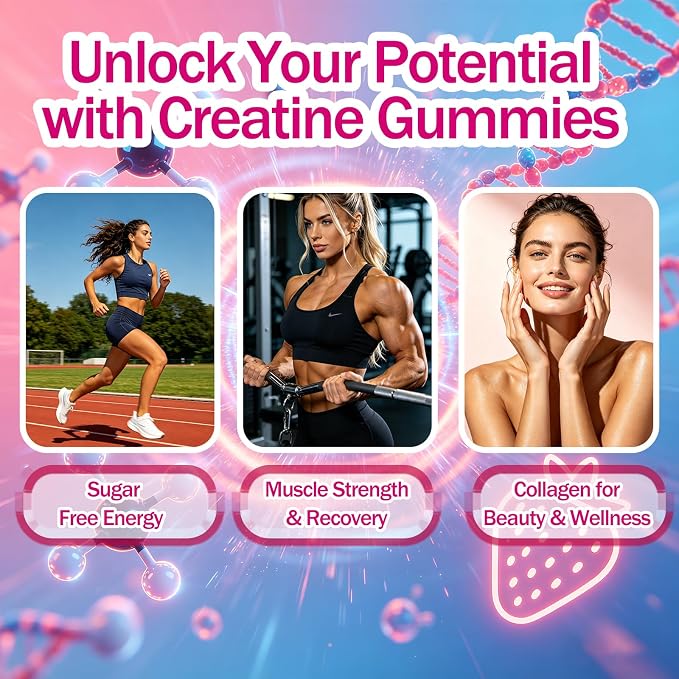 Sugar Free Creatine for Women, Creatine Monohydrate Gummies with Collagen,Energy Creatine Supplement for Muscle Strength, Strawberry Flavor,60 Count
