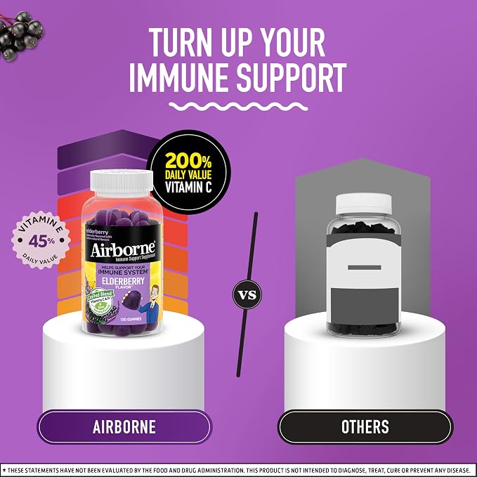 Airborne Elderberry + Zinc & Vitamin C Gummies for Adults, Immune Support with Antioxidants Vitamins C, D & E, 130 Count, Elderberry Flavor