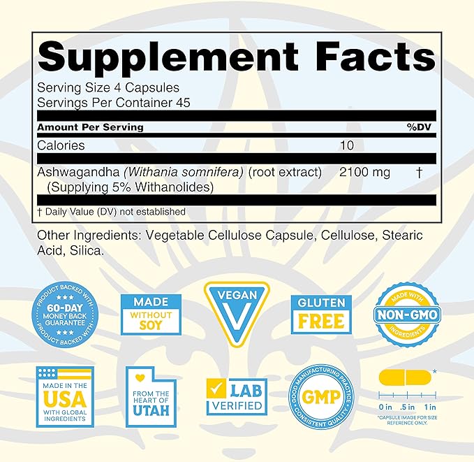 Nature's Life Ashwagandha Capsules 2,100 mg, Pure Ashwagandha Root Extract for Relaxation, Occasional Stress Relief, and Sleep Support, Vegan Ashwagandha Supplements, 45 Servings, 180 Capsules