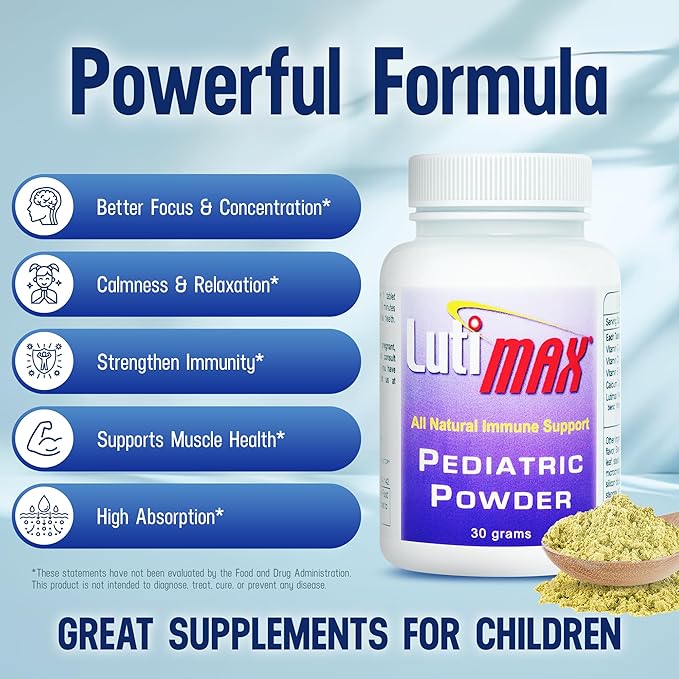 Lutimax Pediatric Powder Brain Supplement with Luteolin & Rutin for Kids - Memory, Focus, Muscle & Immune Support Brain Supplements - Nootropic Antioxidants - 200 Servings