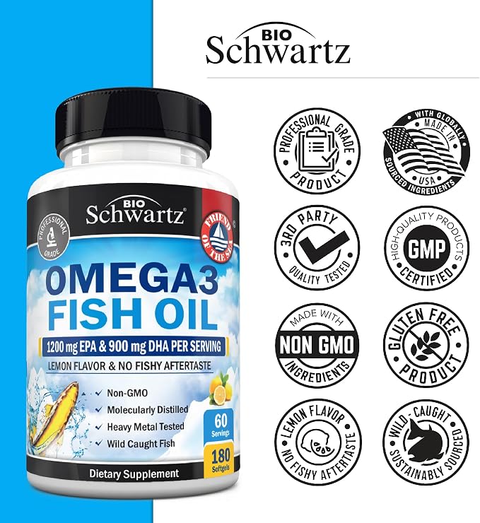 Triple Strength Omega 3 Fish Oil 3000mg - High Potency Omega 3 Supplement for Women and Men, Burpless Lemon Flavor Fish Oil - 2250mg Essential Fatty Acids with DHA & EPA, Wild Caught, 180 Softgels
