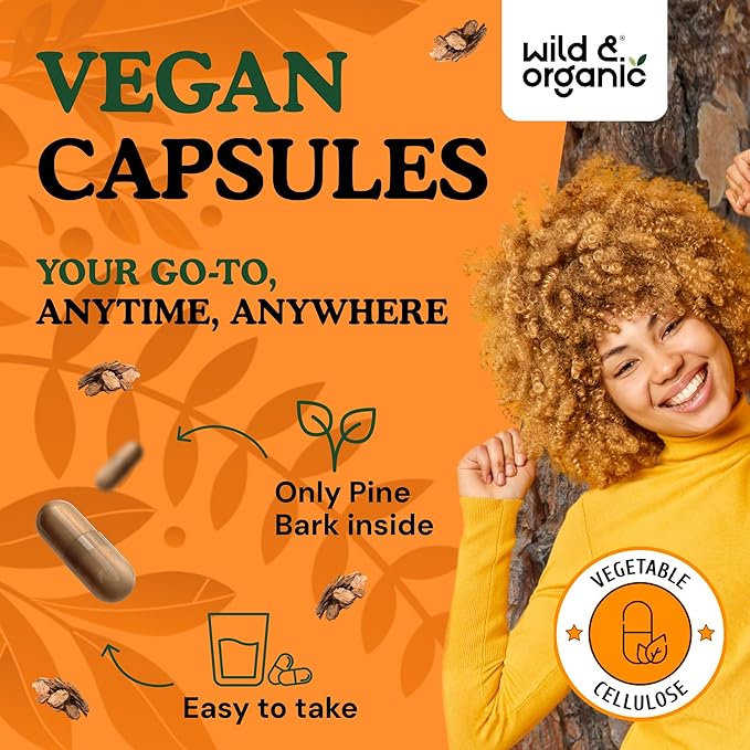 Wild & Organic Pine Bark Extract Capsules 300 mg - Antioxidant Supplement - 95% Proanthocyanidins - 120 Capsules - French Maritime Pine Bark Extract - 4-Month Supply - Pinus Maritima - Vegan, Non-GMO