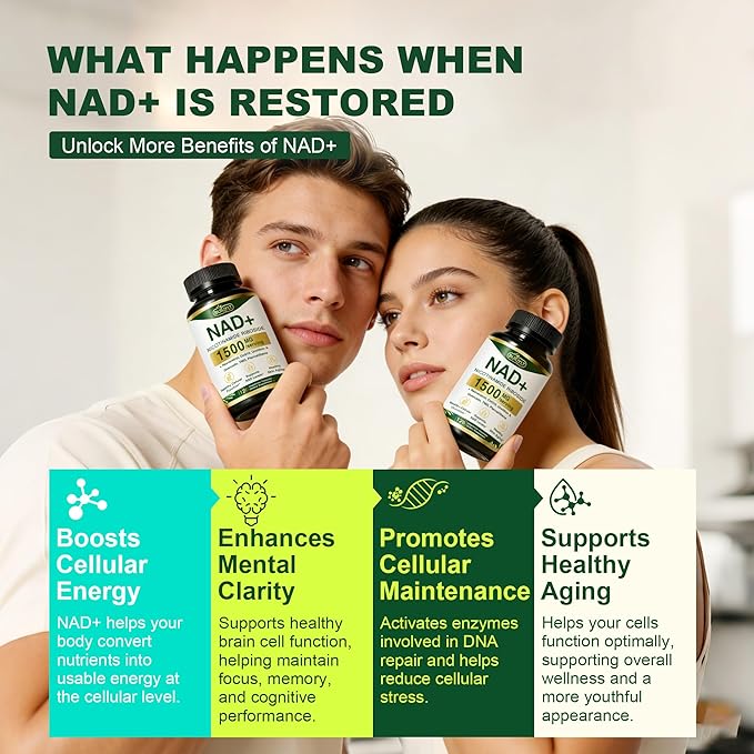 NAD+ Supplement 1500mg, NR NMN Replacement with Resveratrol, Urolithin A, CoQ10 & Quercetin - NAD Plus for Cellular Energy, Healthy Aging & Stamina for Women & Men - 120 Capsules