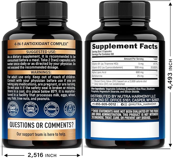 Alpha Lipoic Acid 600mg - ALA Supplement Antioxidant for Nerve, Energy & Metabolism Support - Extra Strength with Benfotiamine, B1 & B12 - Lab Tested, NON-GMO & Vegan - 120 Capsules, 2 Month Supply