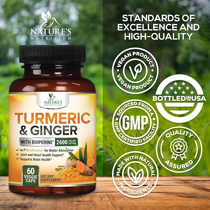 Turmeric Curcumin Supplement - 2000mg Organic Turmeric Per Serving - 95% Curcuminoids, Ginger & BioPerine Black Pepper for Best Absorption - Natural Vegan Joint Support, Bottled in USA - 60 Capsules
