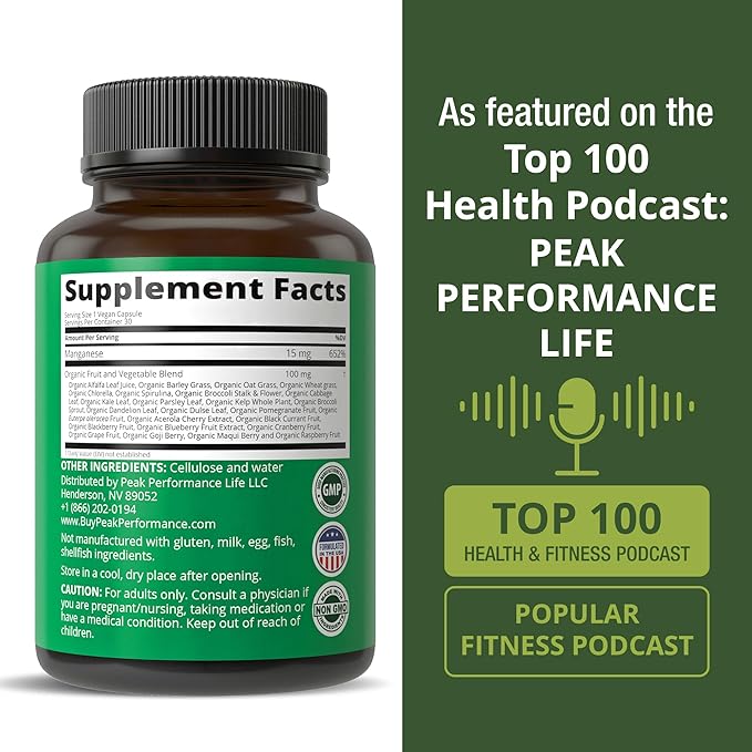 Manganese Supplement Food Like Mineral Chelated for Superior Absorption with Whole Food Blend of 25+ Fruits & Vegetables. Pure Trace Mineral Capsules for Connective Tissue, Bone Health, Enzyme Support
