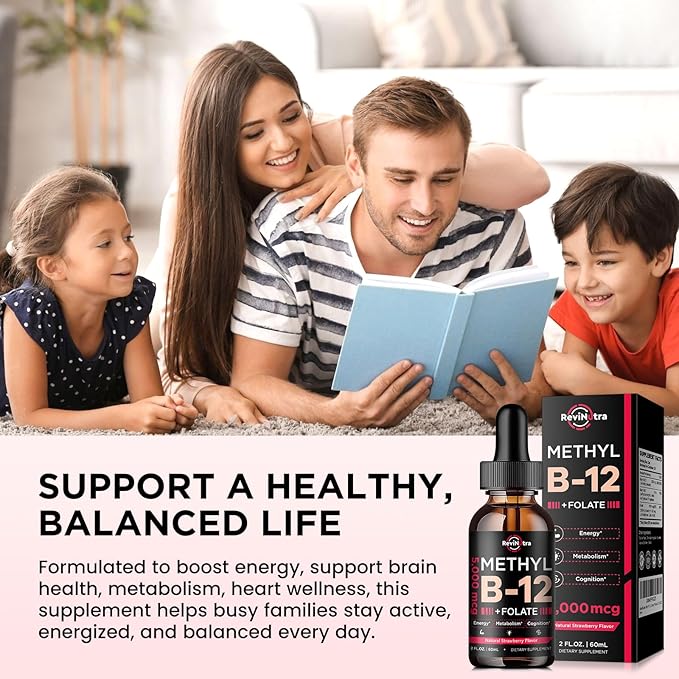 Vitamin B12 liquid Drops, B12 vitamins 5000 mcg, Vitamin B Complex Supplement with Methylcobalamin B12 Sublingual, Vitamin B6, Folate for Energy, Brain, Heart Health, Vegan Strawberry Flavor 2 Fl Oz