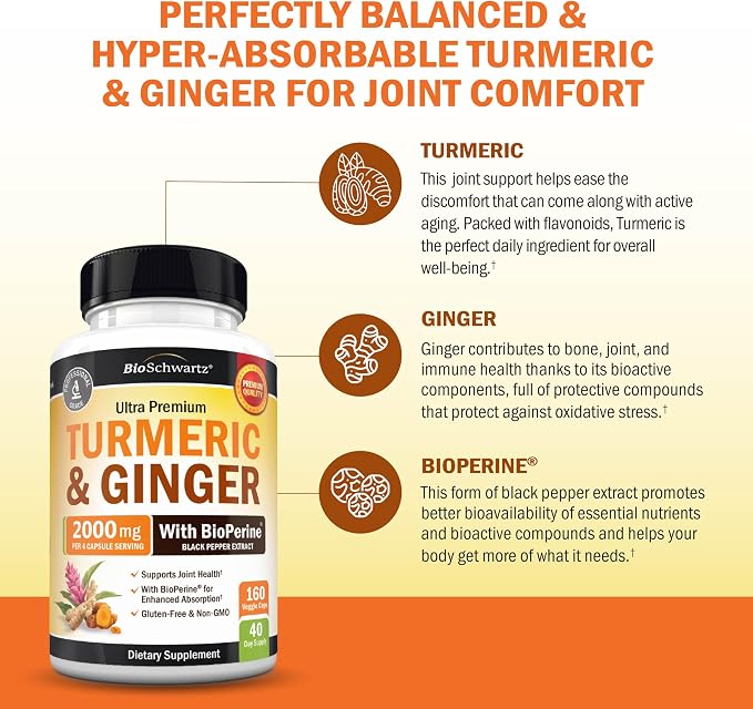 Turmeric and Ginger Supplement with BioPerine - Turmeric Curcumin with Black Pepper & Organic Ginger for Enhanced Absorption for Digestion Knee & Joint Support - Vegan & Non-GMO (40 Servings)