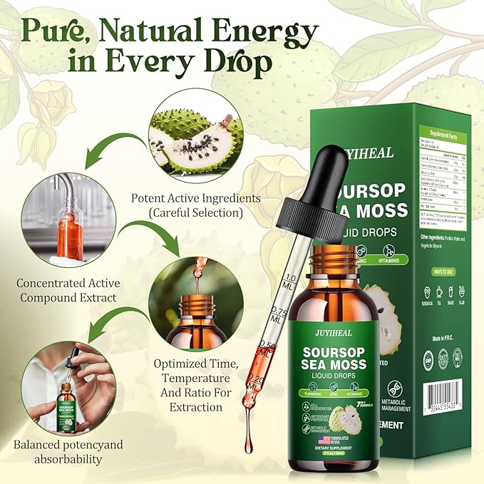 7-in-1 Soursop Graviola with Sea Moss Liquid Drops, Soursop Bitters Liquid Rich in Multivitamin for Digestive Antioxidant, Immune Boost, Cell Support & Regeneration, 2 Fl Oz