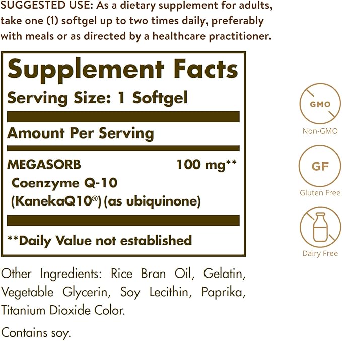 Solgar Megasorb CoQ-10 100 mg, 90 Softgels - Supports Healthy Aging - Coenzyme Q10 Supplement - Enhanced Absorption - Non-GMO, Gluten Free, Dairy Free - 90 Servings