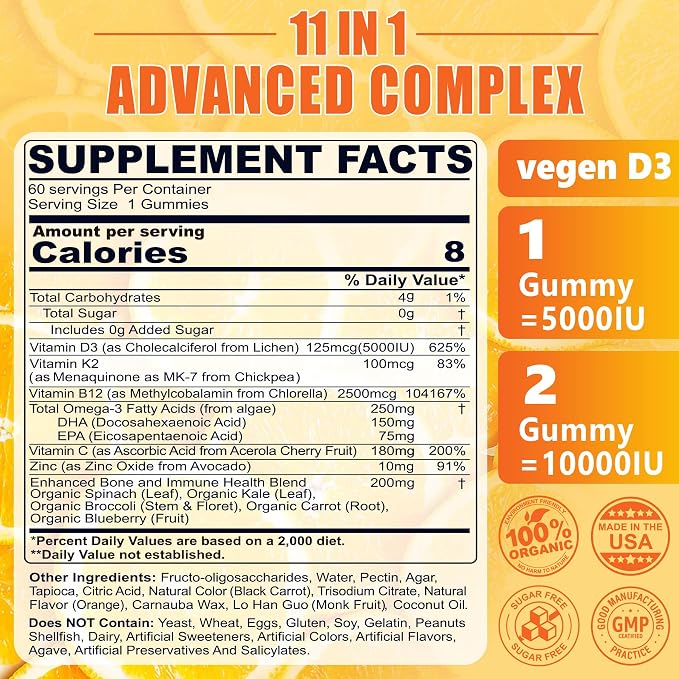 Vitamin D3 K2 Gummies 5000IU / 10,000 IU with Omega-3 250mg+K2(MK-7) 100mcg -5X Absorption Than Standard D3K2,with Vitamin C,Zinc,and 5 Organic Vegetables,Supports Bone & Teeth Strength, Immune,1 Pack
