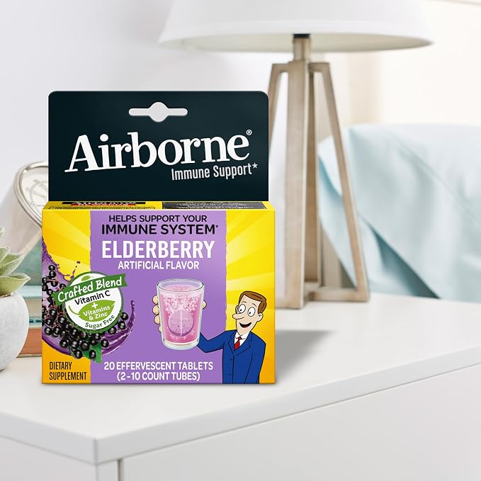 Airborne Elderberry + Zinc & Vitamin C Effervescent Tablets, Immune Support Supplement with Powerful Antioxidant Vitamins A C E, 20 Fizzy Drink Tablets, Elderberry Flavor