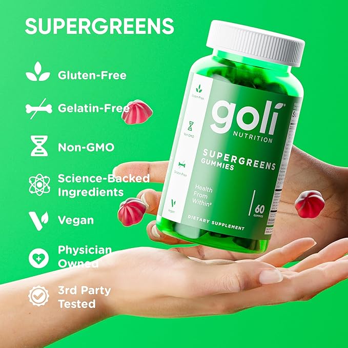 Goli Supergreens Gummies with Probiotics - Artichoke Leaf Extract, Spirulina, Kale, Vitamins A, B6, B12 - Vegan, Gluten-Free, Non-GMO