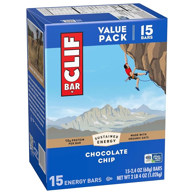 CLIF BAR - Energy Protein Bars - Chocolate Chip - Made with Organic Oats - Energy Bars - Non-GMO - 15 Count, (Pack of 4)