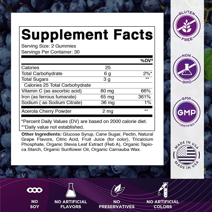 Vitamatic Iron 65 mg Gummies Supplement for Women & Men - 60 Vegan Gummies - Great Tasting Iron Gummy Vitamins with Vitamin C (2)
