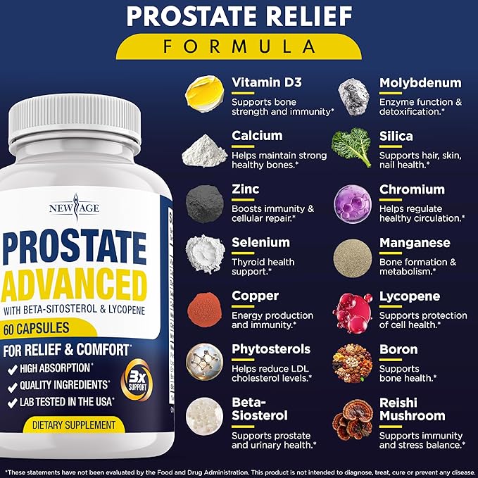 NEW AGE Prostate Advanced Prostate Supplement for Men – Reduce Bathroom Trips, Promote Sleep, Support Health & Bladder Emptying - Made with Lycopene, Beta Sitosterol - 60 Count