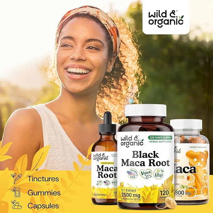 Wild & Organic Black Maca Root Capsules for Women & Men 500 mg - Overall Support - 120 Vegan Capsules with Maca Powder - Men & Women Supplement - 120 Days Supply, Non-GMO, No Fillers, Gluten-Free