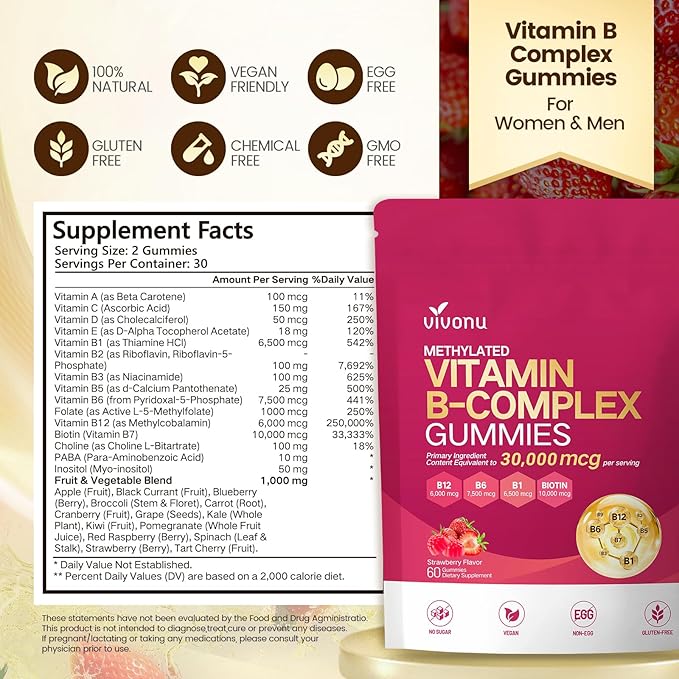 VivoNu Vitamin B6 Gummies for Women & Men, with Vitamins B12, B1, B3, B5, A, C, D, E, Folate, Choline, Inositol, Complex Vitamin B for Energy, Natural Ingredient, Sugar Free & Non GMO