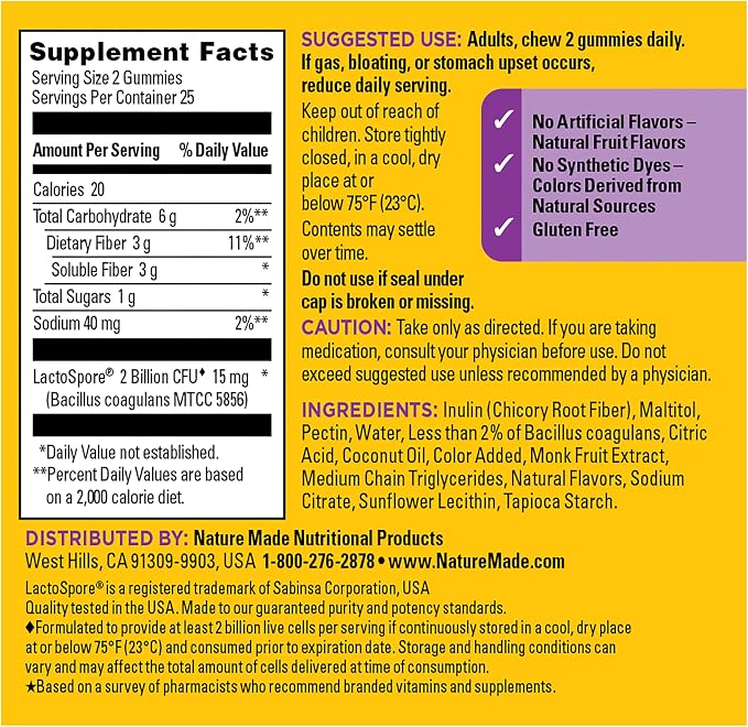 Nature Made Probiotic + Prebiotic Fiber Gummies for Daily Gut Health, Fiber Supplement with Probiotics for Digestive Health Support, 50 Gummies, 25 Day Supply