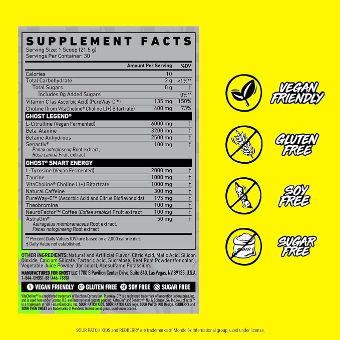 GHOST Legend Pre-Workout Powder, Sour Patch Kids Redberry - 30 Servings – Pre-Workout for Men & Women with Choline, L-Citrulline, & Beta Alanine for Energy & Focus