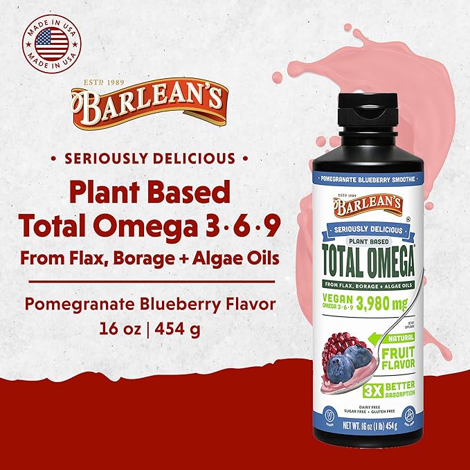 Barlean's Vegan Omega 3 6 9 Flaxseed, Borage and Algae Oil Liquid Supplement, Pomegranate Blueberry, 3,980 mg GLA, EPA and DHA Fatty Acid, Vegan, 16 oz