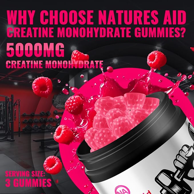 Natures Aid NSF Certified Creatine Gummy 5g - Creatine Monohydrate Gummies – Pre-Workout Energy & Muscle Growth Support for Men & Women | Raspberry Electrolyte Gummies (135 Count)
