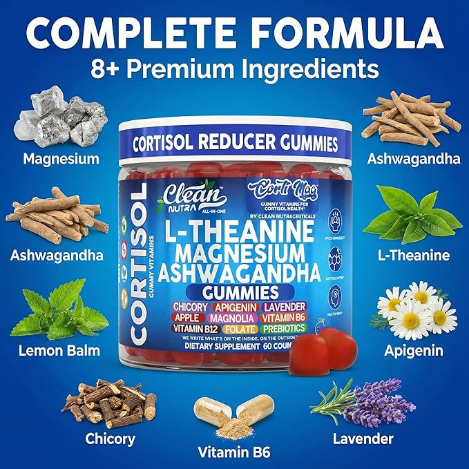 Clean Nutra Cortisol Supplement Gummies L-Theanine Magnesium Ashwagandha Apigenin Vitamin B6 Sleep and Calm Support Lavender Chicory Prebiotic Advanced Gummy Formula