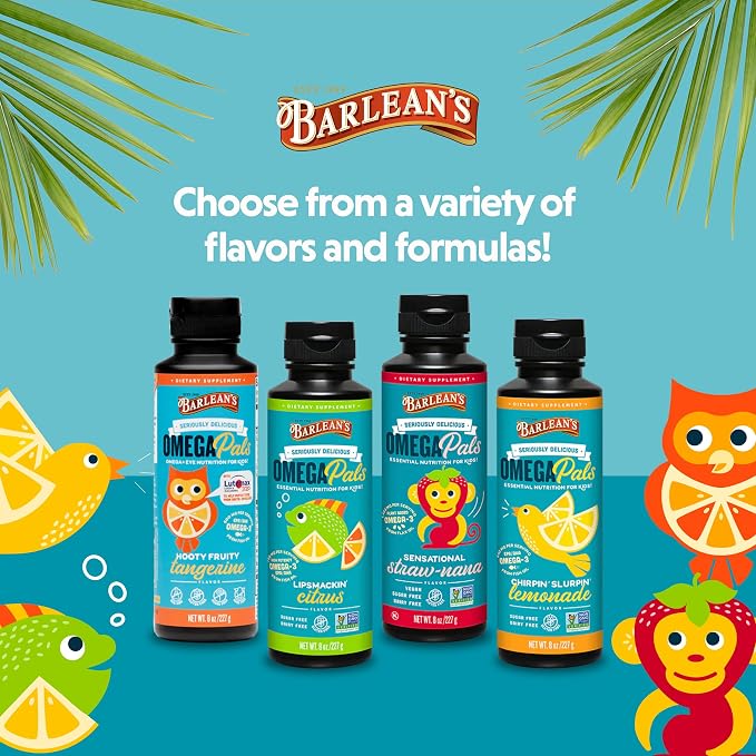 Barlean's Omega 3 Fish Oil Liquid Supplement for Kids, 500 mg of EPA and DHA Fatty Acid for Brain & Eye Health, Hooty Fruity Tangerine, 8 oz, 2 Pack