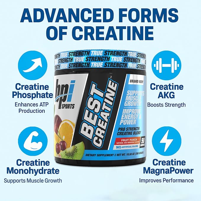 BPI Sports Best Creatine - Creatine Monohydrate Powder for Men & Women, Himalayan Salt - Strength, Pump, Endurance, Muscle Growth, Muscle Definition - No Bloat – Fruit Punch – 50 servings – 10.58 oz