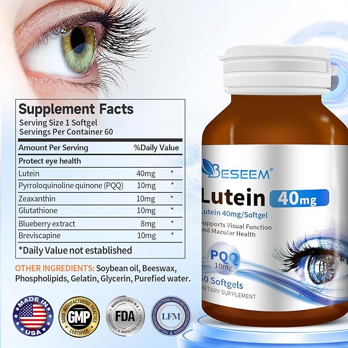 6-in-1 Eye Supplement with Lutein 40mg, Zeaxanthin 10mg, Eye Health Support Supplement for Adults – Blue Light Protection, Macula Support & Eye Strain Relief – 60 Softgels