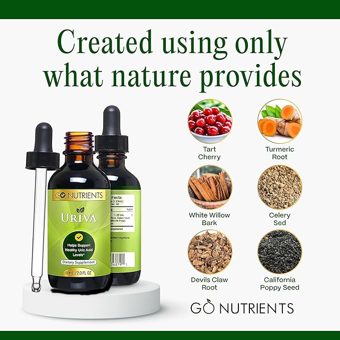 Go Nutrients Uriva - Advanced Uric Acid Flush Cleanse with Tart Cherry Extract Celery Seed, Turmeric & More - High Absorption Liquid Drops Supplement for Joints and Kidney 2.0 oz. | 48 Servings