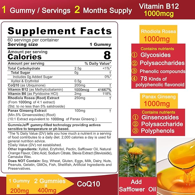 Sugar Free CoQ10 Gummies 200mg/400mg, w/ Methyl B12 1000mcg, B6, Rhodiola Rosea & Panax Ginseng, Ultra Absorption CoQ10 Supplement for Energy, Hear-t Health, Antioxidant & Brain Support,60-Day Supply