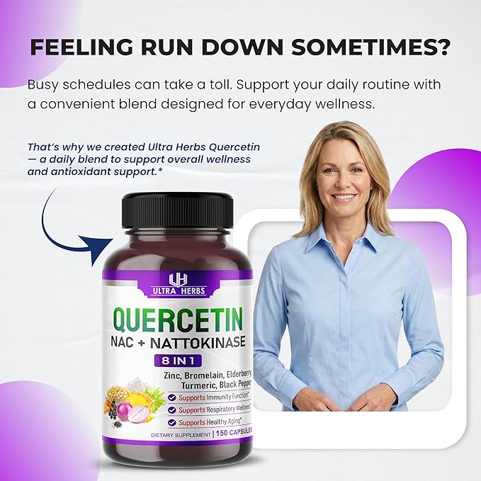Quercetin Supplement with Bromelain, Vitamin C and Zinc, Nattokinase, NAC, Elderberry, Elderberry | 8 in 1 Ultra Antioxidant Complex for Immune Health | 150 Capsules