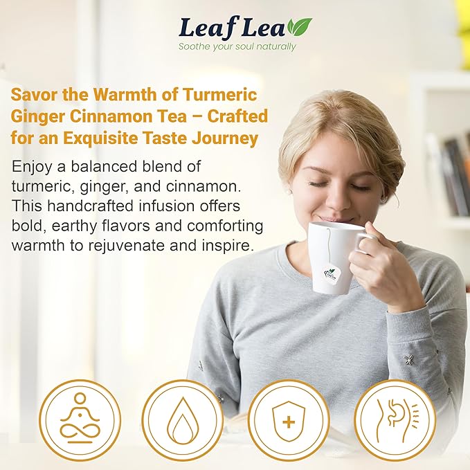 LeafLea Turmeric Tea with Ginger and Cinnamon, 80 Premium Turmeric Ginger Tea Bags, 100% Natural Ingredients Herbal Tea, Vegan, No Sugar, Caffeine-Free, Each Tea Bag Sealed for Fresh Flavor