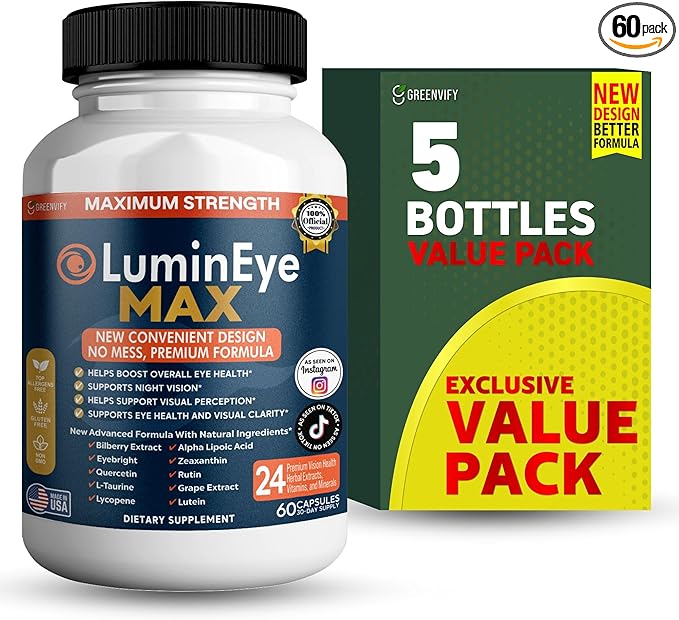 LuminEye MAX Eye Health Supplement, 60 Veggie Capsules, with Lutein, Bilberry Extract, 24 Premium Ingredients, Maximum Strength Vision Support (5)