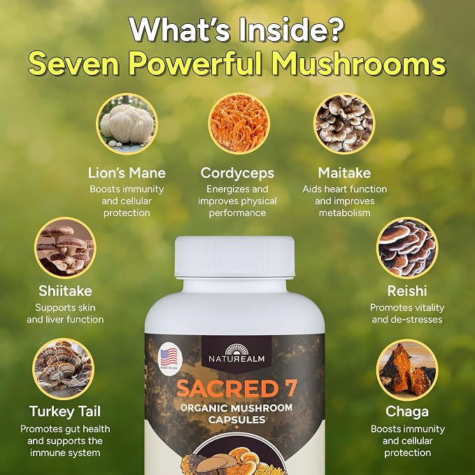 Naturealm Sacred 7 Mushroom 7-in-1 Blend Capsules Supplement (30 Day Supply) | Supports Daily Immune Defense & Focus | Lions Mane, Reishi, Chaga & More | Organic, Premium 100% Fruiting Body Extract
